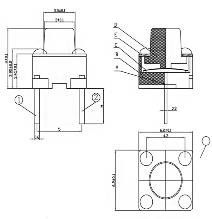 6*6*5兩腳輕觸開關尺寸圖 6*6*5兩腳輕觸開關尺寸圖