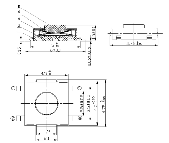 輕觸開關4.5*4.5貼片尺寸圖