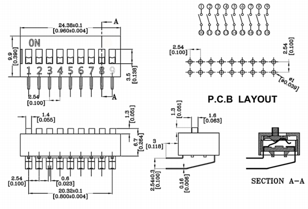 9位撥碼開關(guān)尺寸圖 9位撥碼開關(guān)尺寸圖